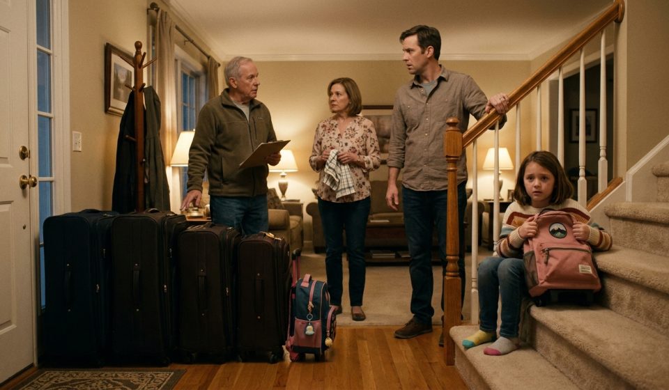 Eight-year-old Mia holding her packed travel bag after being asked to give up her spot on the family vacation