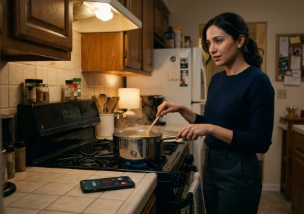 Maya in her apartment kitchen after getting engaged the same month as brother