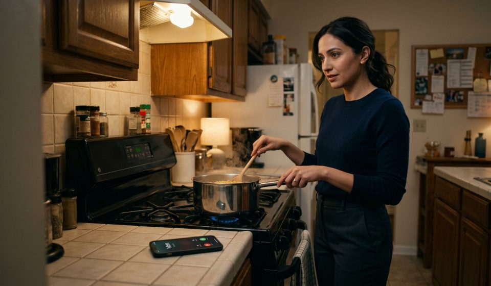 Maya in her apartment kitchen after getting engaged the same month as brother