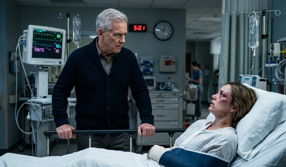 A 67-year-old father standing beside his daughter in the ICU after discovering her serious injuries.