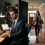 Married couple working separately at home as the husband senses growing emotional distance from his wife.