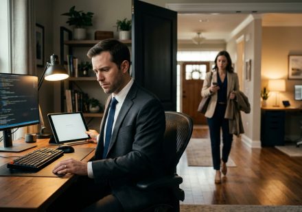 Married couple working separately at home as the husband senses growing emotional distance from his wife.