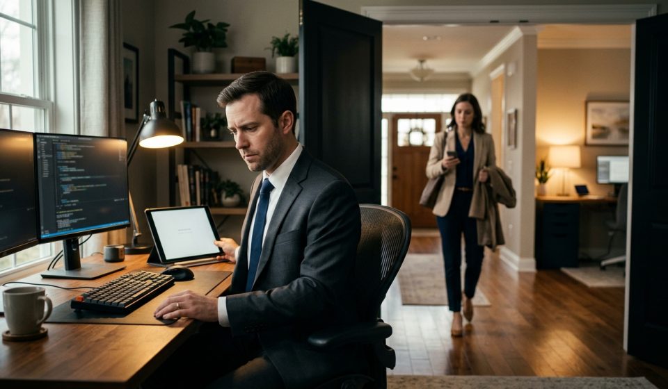 Married couple working separately at home as the husband senses growing emotional distance from his wife.