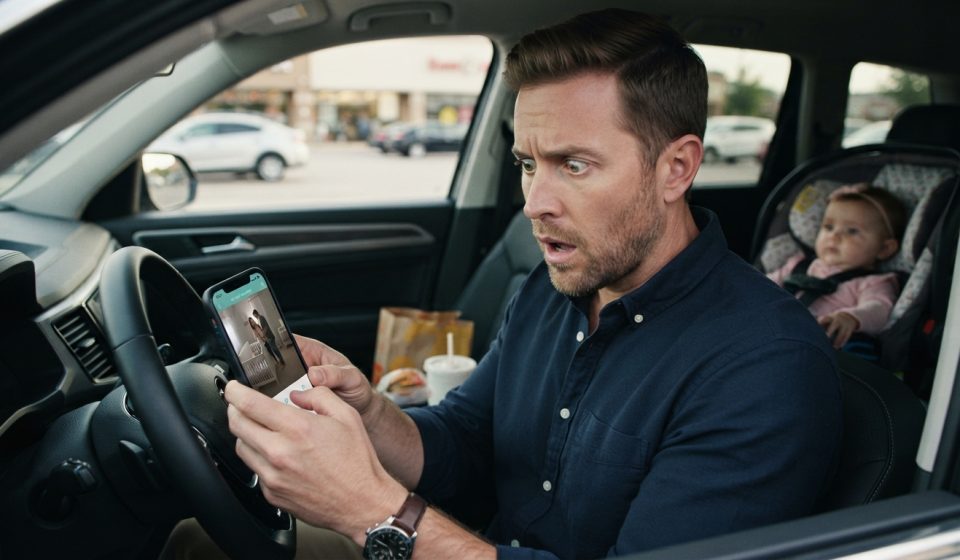 Shocked husband looking at a baby monitor app after he caught my wife cheating in their child's room.