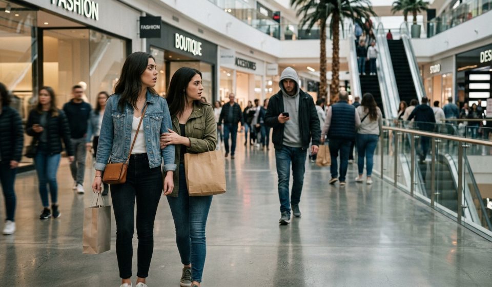 Two friends notice a man following us through the mall while shopping together.