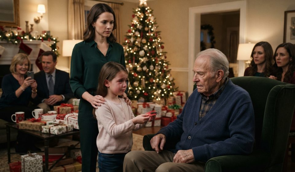 Eight-year-old daughter opened her gift before giving Grandpa a handmade red bracelet with a tiny brass key on Christmas Eve.