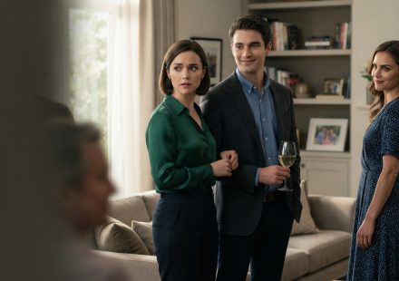 A worried woman standing beside her fiancé while her narcissistic older sister watches them from inside the family home.
