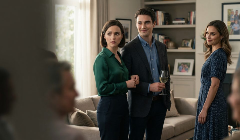 A worried woman standing beside her fiancé while her narcissistic older sister watches them from inside the family home.