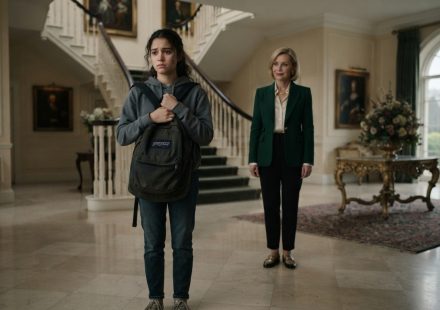 Teenage girl standing uneasily inside her wealthy aunt’s mansion while her mom was in a coma.