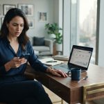 Professional woman checking a shocking family message at her office desk after being told to leave her home.