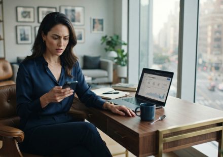 Professional woman checking a shocking family message at her office desk after being told to leave her home.