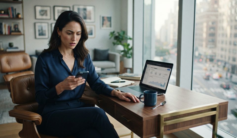 Professional woman checking a shocking family message at her office desk after being told to leave her home.
