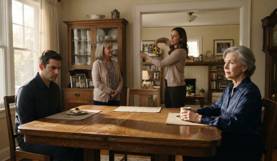 Margaret watches calmly as her daughter-in-law measures rooms while planning to move her mother into Margaret's home.