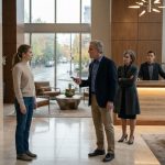 Sarah stands calmly in an apartment lobby as her family confronts the property manager about trying to evict her.