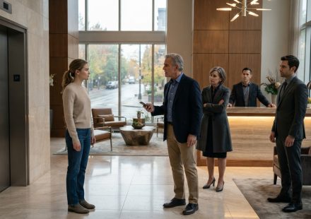 Sarah stands calmly in an apartment lobby as her family confronts the property manager about trying to evict her.