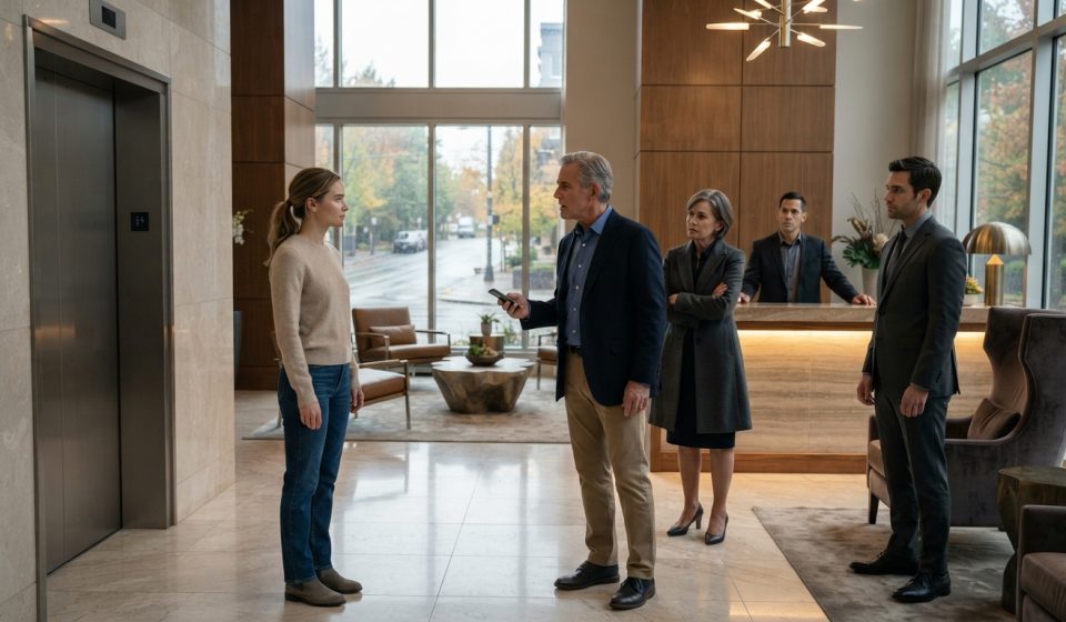 Sarah stands calmly in an apartment lobby as her family confronts the property manager about trying to evict her.