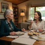 A woman calmly confronting her daughter-in-law during a tense family dinner inside her peaceful lakeside home.