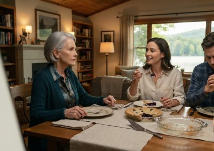 A woman calmly confronting her daughter-in-law during a tense family dinner inside her peaceful lakeside home.