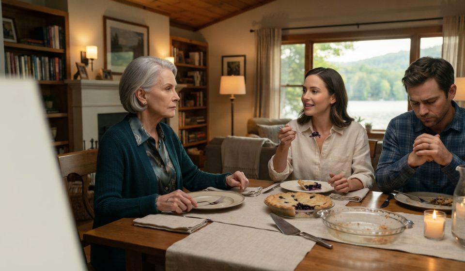 A woman calmly confronting her daughter-in-law during a tense family dinner inside her peaceful lakeside home.