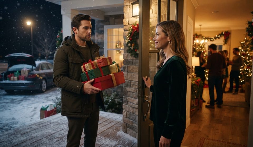 Kyle holding Christmas gifts outside his sister's house after he drove four hours for Christmas.