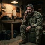 A deployed Special Forces soldier sitting inside a plywood operations hut at night while receiving an alarming satellite phone call from home.