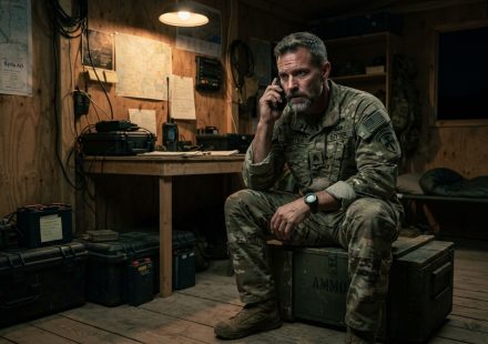A deployed Special Forces soldier sitting inside a plywood operations hut at night while receiving an alarming satellite phone call from home.