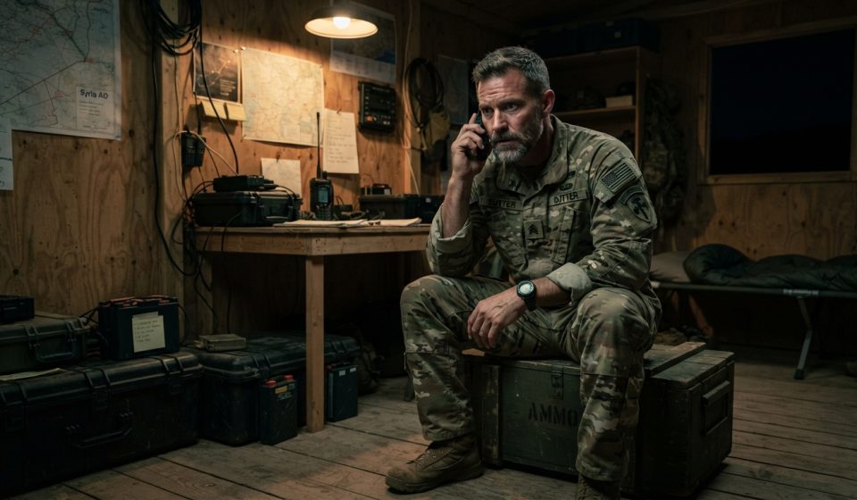 A deployed Special Forces soldier sitting inside a plywood operations hut at night while receiving an alarming satellite phone call from home.