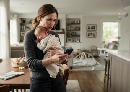 A mother holding her three-month-old baby while staring in shock at a phone her husband left on the table.