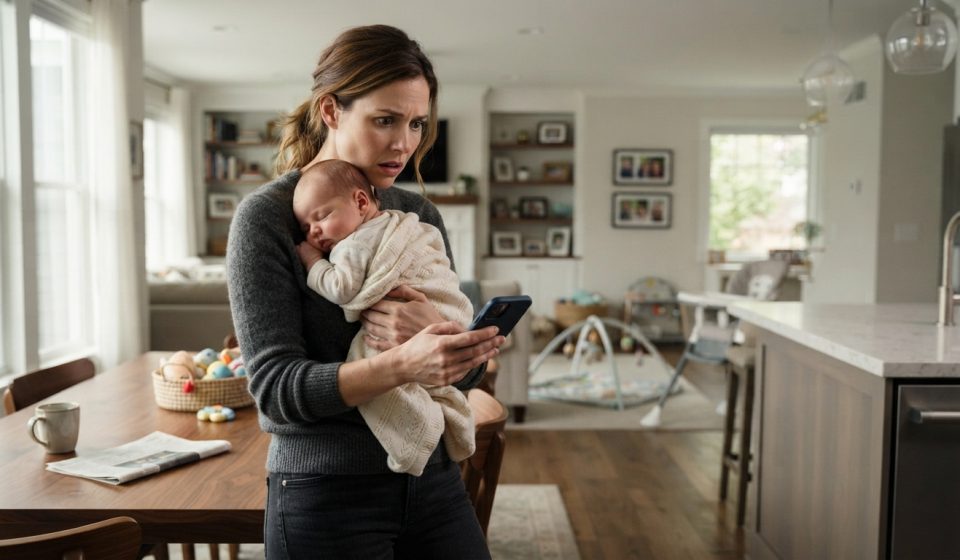 A mother holding her three-month-old baby while staring in shock at a phone her husband left on the table.
