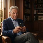 Retired Judge Arthur Sterling examining disturbing wedding footage on his phone inside his elegant Hamptons reading room.