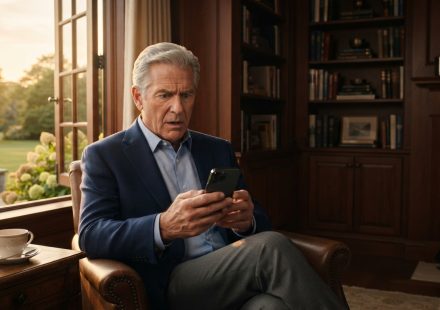 Retired Judge Arthur Sterling examining disturbing wedding footage on his phone inside his elegant Hamptons reading room.