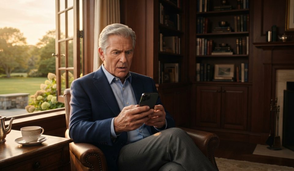 Retired Judge Arthur Sterling examining disturbing wedding footage on his phone inside his elegant Hamptons reading room.