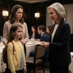 Seven-year-old girl in a yellow cardigan standing beside her mother after being excluded from the family birthday dinner.