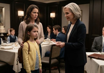 Seven-year-old girl in a yellow cardigan standing beside her mother after being excluded from the family birthday dinner.