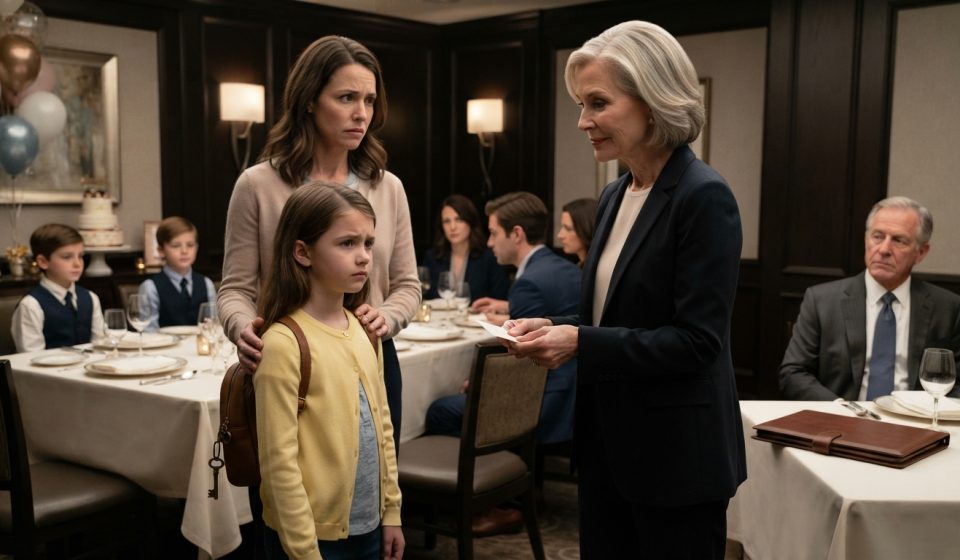 Seven-year-old girl in a yellow cardigan standing beside her mother after being excluded from the family birthday dinner.