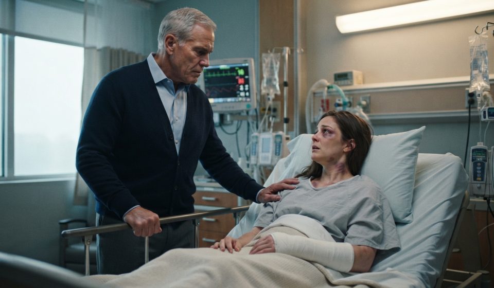 A 67-year-old father standing beside his injured daughter in an ICU hospital room after learning what happened to her.