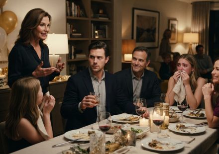 Evan sitting stunned at his birthday dinner as his mother announces that he should sell his house for his sister's baby fund.