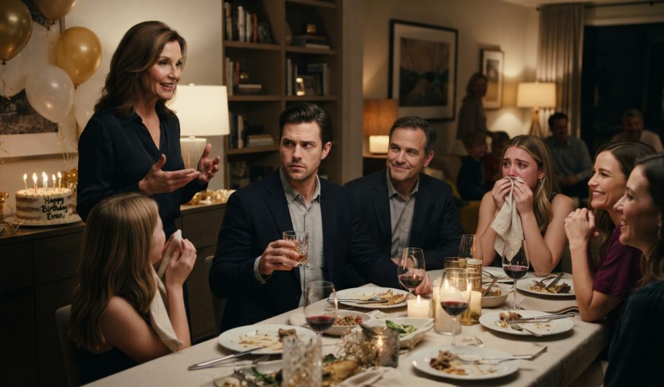 Evan sitting stunned at his birthday dinner as his mother announces that he should sell his house for his sister's baby fund.