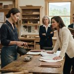 Maeve calmly pours tea as her sister threatened court over estate claims with four lawyers standing inside her woodworking studio.