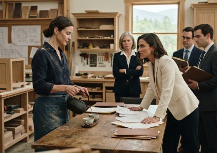 Maeve calmly pours tea as her sister threatened court over estate claims with four lawyers standing inside her woodworking studio.