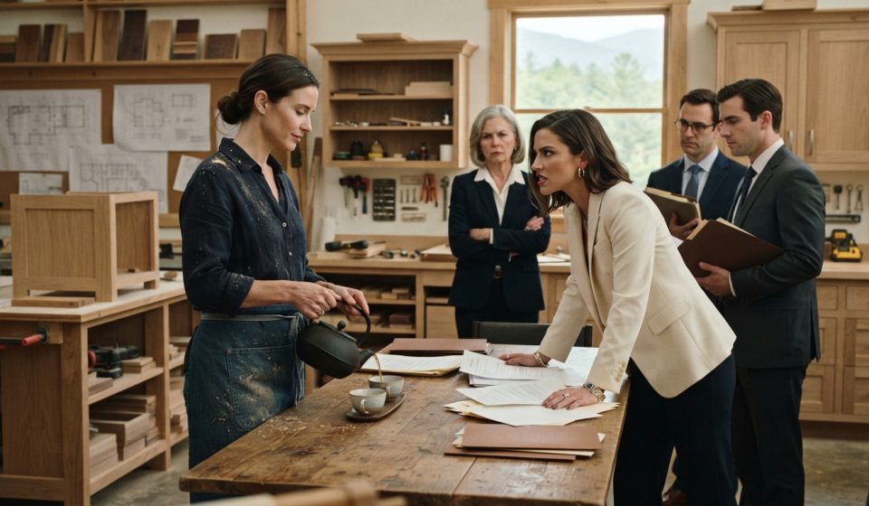 Maeve calmly pours tea as her sister threatened court over estate claims with four lawyers standing inside her woodworking studio.