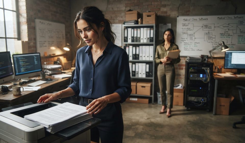 A determined young technology entrepreneur works late beside computer servers while building her first startup in a cramped Austin warehouse.