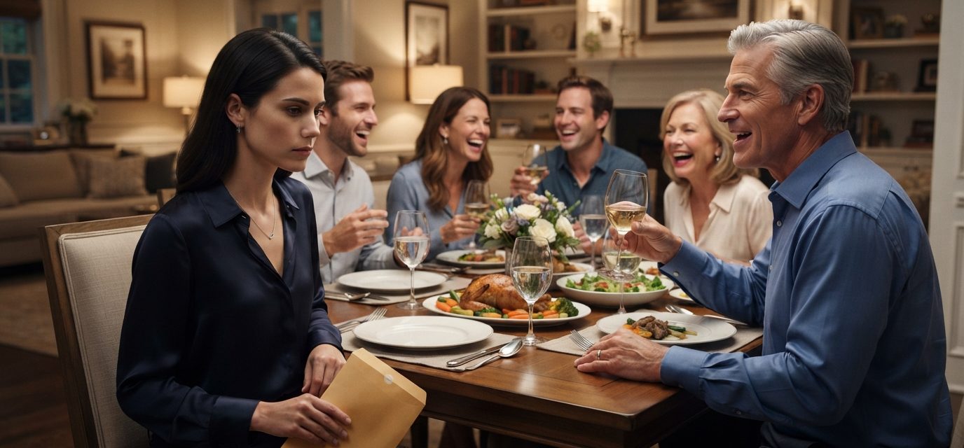 Father humiliates his daughter during a tense Father's Day family dinner as she holds a manila envelope.