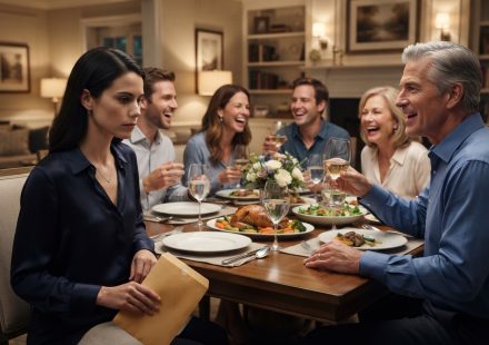 Father humiliates his daughter during a tense Father's Day family dinner as she holds a manila envelope.