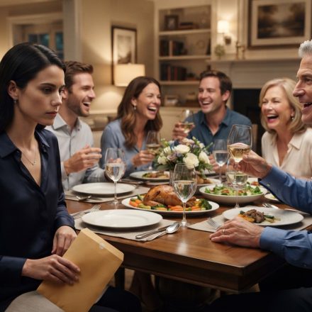Father humiliates his daughter during a tense Father's Day family dinner as she holds a manila envelope.