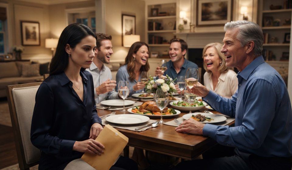 Father humiliates his daughter during a tense Father's Day family dinner as she holds a manila envelope.