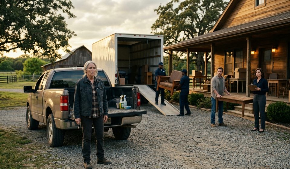 68-year-old woman arriving at her country farmhouse and discovering her son and daughter-in-law loading her furniture into a moving truck.