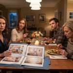Woman at a family dinner discovering photos of her cottage inside a blue folder after her brother begins demanding my beach house.
