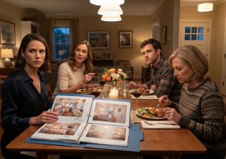 Woman at a family dinner discovering photos of her cottage inside a blue folder after her brother begins demanding my beach house.