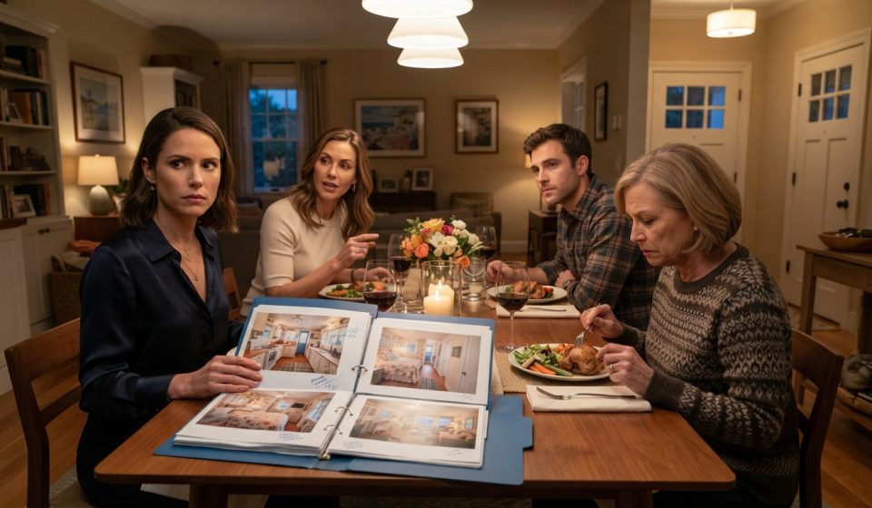 Woman at a family dinner discovering photos of her cottage inside a blue folder after her brother begins demanding my beach house.